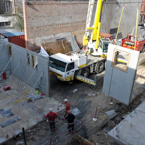 23.05.2017 Nouvelle aile Rue des Champs. Vue sur les futurs ateliers de menuiserie et de restauration