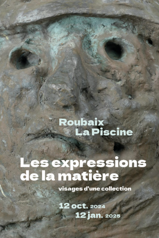 Affiche d'exposition pour "Les expressions de la matière, visages d'une collection". Exposition datant d'automne 2024. La sculpture utilisée pour l'affiche est "Le Berge du Devès" de Jean Roulland. C'est un très gros plan sur le visage de ce fameux berger.